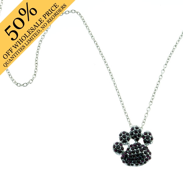 Wholesale paw silver necklace encrusted purple rhinestones