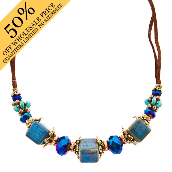 Wholesale brown leather cord necklace Murano glass beads faceted iridescent bead