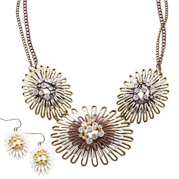 Wholesale dual chain necklace set abstract floral tones gold silver chocolate go