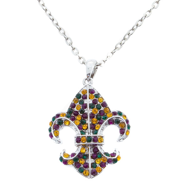 Wholesale silver necklace Fleur de Lis pendant encrusted rhinestones