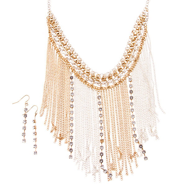 Wholesale necklace set gold silver chains dangling rows crystal rhinestones