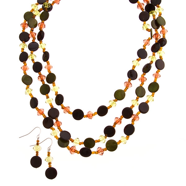 Wholesale black brown green toned triple layered beaded necklace assorted beads