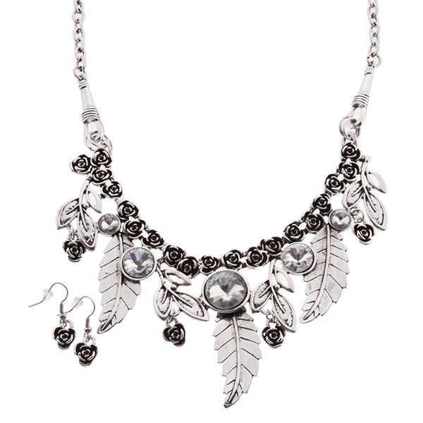 Wholesale silver necklace set large crystal rhinestones floral fauna