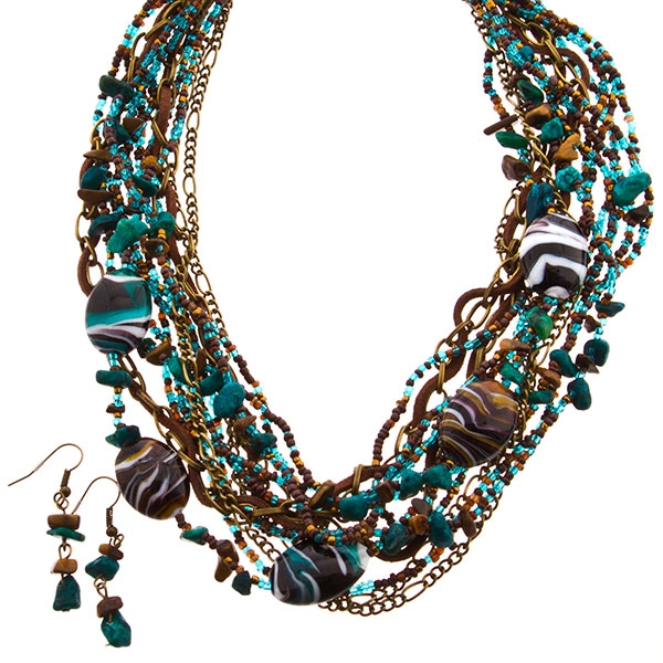 Wholesale necklace set knotted chain assorted aqua amber beads