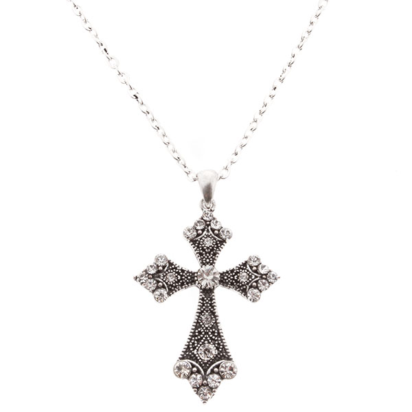Wholesale necklace silver finish cross crystal rhinestone accents