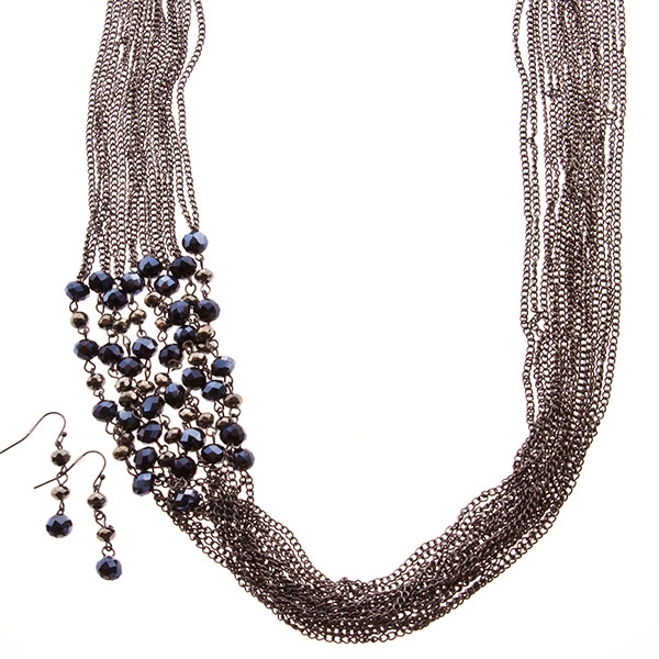 Wholesale necklace set multi strands chains side cluster jet beads
