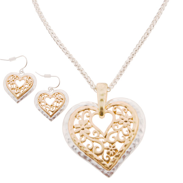 Wholesale dual necklace set hammered finish heart
