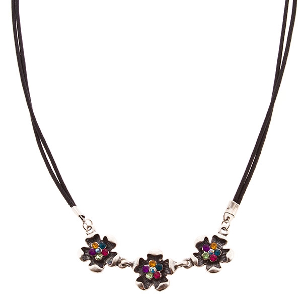 Wholesale black cord necklace three colorful rhinestone flowers