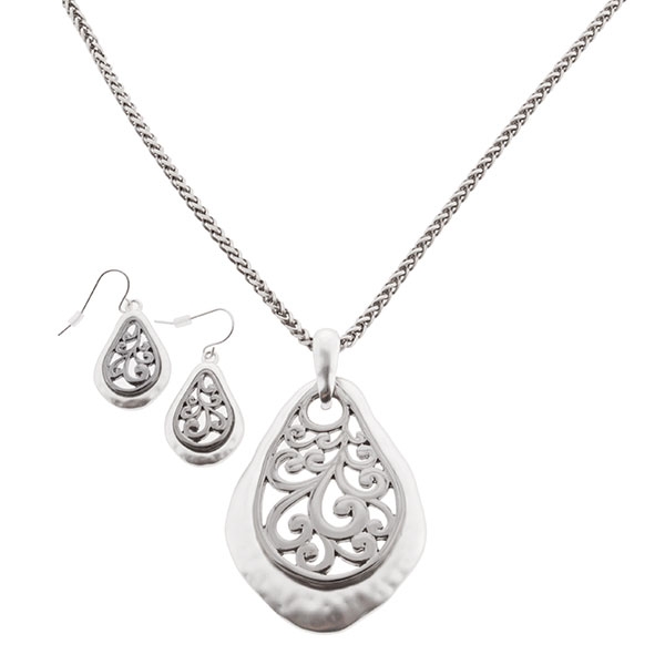 Wholesale necklace set silver hammered finish teardrop fauna