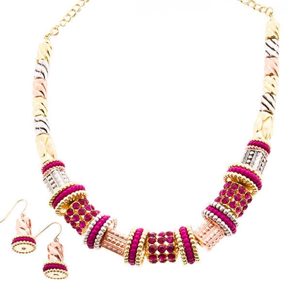 Wholesale beaded necklace set gold finish ruby red rhinestones