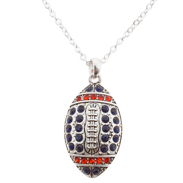 Wholesale silver toned inch necklace football navy blue orange rhinestones
