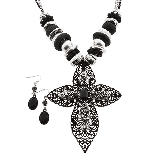 Wholesale necklace set filigree cross black white beads