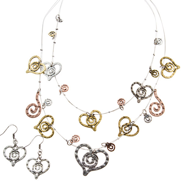 Wholesale gold silver copper toned floating necklace has filigree hearts spiral