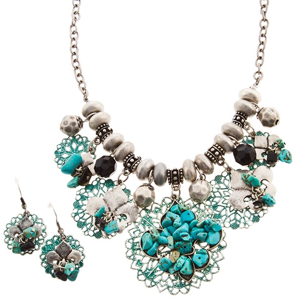Wholesale inch silver toned necklace set burnished silver beading turquoise fil