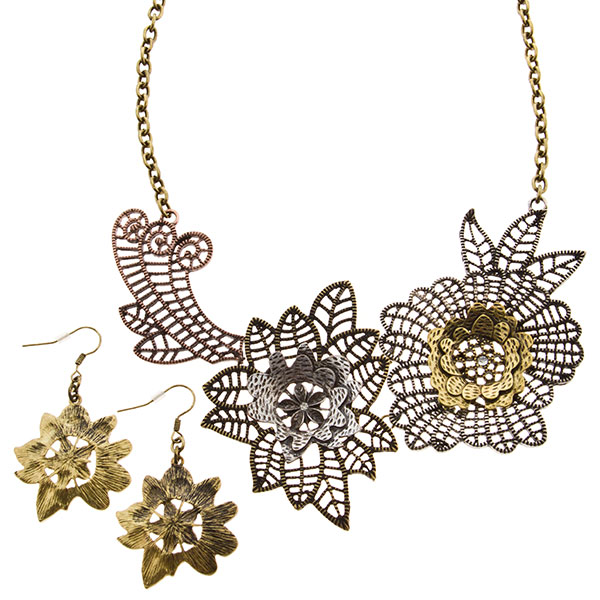 Wholesale inch tri colored necklace set large filigree floral focals gold toned