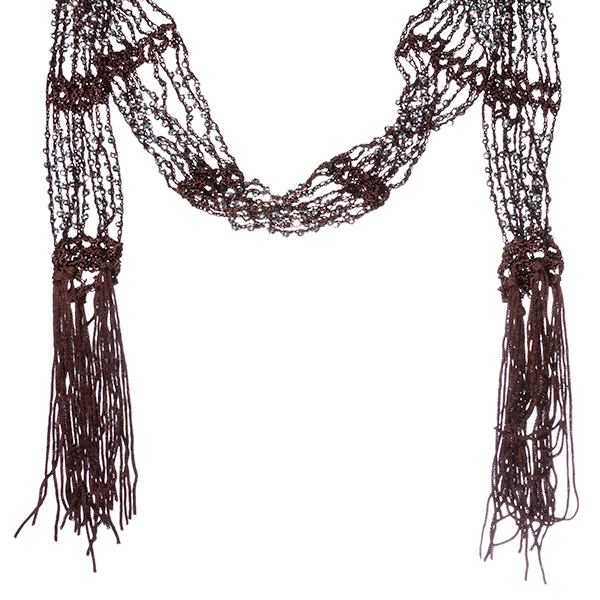 Wholesale inch Brown cord scarf necklace silver toned beads fringe ends