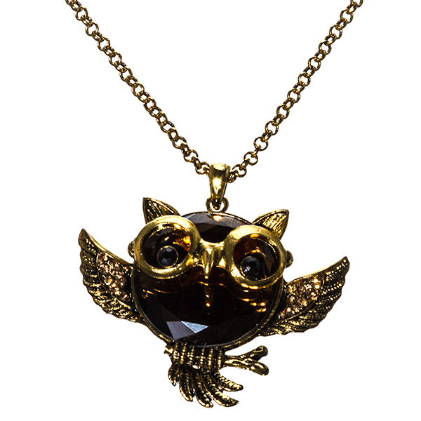 Wholesale gold chain necklace ornate owl smokey topaz rhinestone