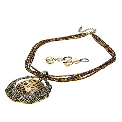 Wholesale necklace Earring Set Leopard Animal Print Inside Crystal like Pendant
