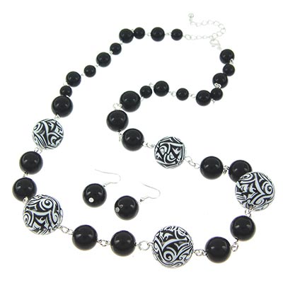 Wholesale jet Beads Black White Beads Polished Silver Necklace Earring Set Lead