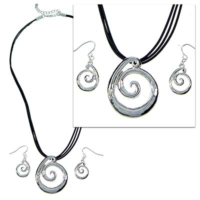 Wholesale hammered Metal Swirl Polished Silver Pendant Necklace Set Multi strand
