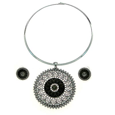 Wholesale abstract Floral Pattern Polished Silver Pendant Earring Set Smokey Cen