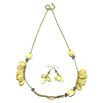 Wholesale matte Gold Textured Leaf Designs Necklace Earring Set Genuine Stone Am