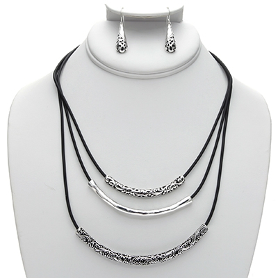 Wholesale polished Silver Embossed Vine Designs Black Background Necklace Earrin