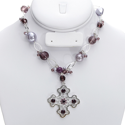 Wholesale filigree Cross Purple CZs Polished Silver Necklace Purple Lavender Gla