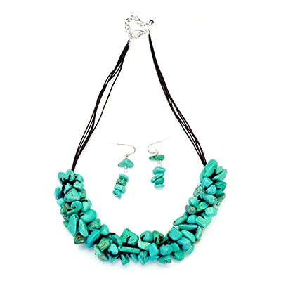Wholesale turquoise chip stones strand black cord necklace set extension Matchin