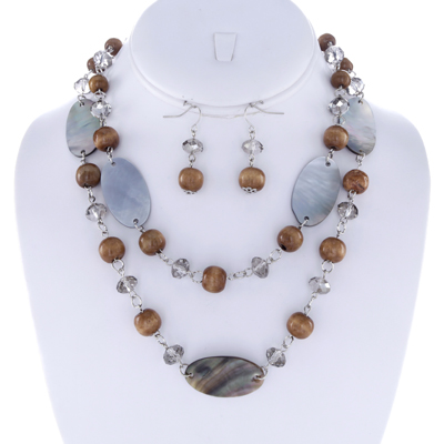 Wholesale multi strand Mother Pearl Oblongs Brown Beads Necklace Earring Set Lea