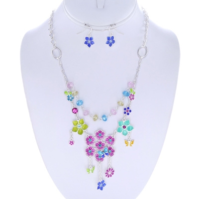 Wholesale lacquered Multi Colored Flower Designs Polished Silver Aqua CZs Pendan