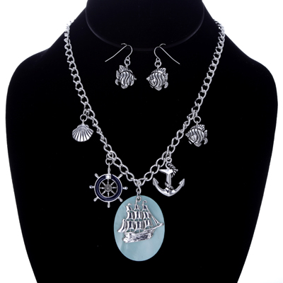 Wholesale nautical Polished Silver Necklace Green Mother Pearl Pendant Earring S