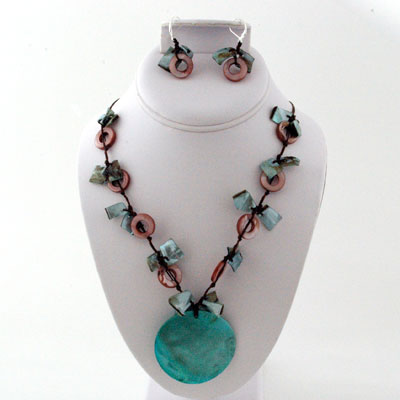 Wholesale genuine Shell Chips Circles Hoops Necklace Earring Set Dominate Teal E
