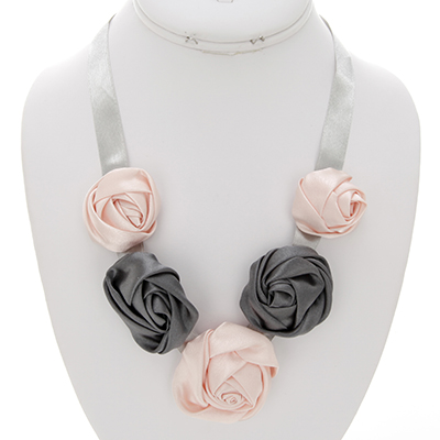 Wholesale fabric Flowers Peach Gray Ribbon Necklace Approx L W