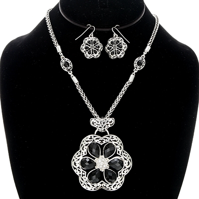 Wholesale floral Filigree Pendant Earring Set Black Trim Jet Faceted Glass Inset