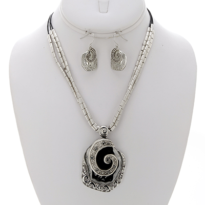 Wholesale abstract Matte Silver Hematite Lacquered Pendant Necklace Earring Set