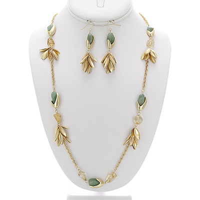 Wholesale jade Brown Stone Designs Delicate Petals Matte Gold Necklace Earring S