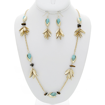 Wholesale chinese Turquoise Brown Stone Designs Delicate Petals Matte Gold Neckl