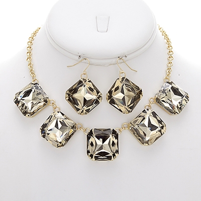 Wholesale faceted Clear Glass Oblong Insets Polished Gold Metal Necklace Earring