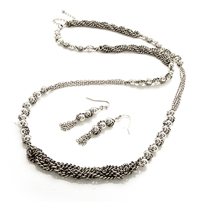 Wholesale dark Silver Braided Chain Necklace Earring Set Polished Silver Beads N