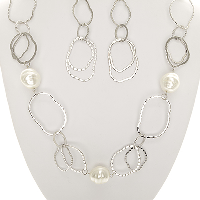 Wholesale textured Matte Silver Links Beige Baroque Glass Beads Necklace Earring