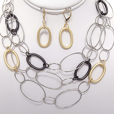 Wholesale three strand Hoops Matte Silver Hematite Gold Necklace Earring Set Nic