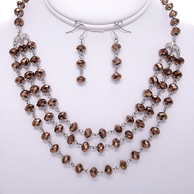 Wholesale copper Faceted Glass Bead Designs Polished Silver Necklace Earring Set