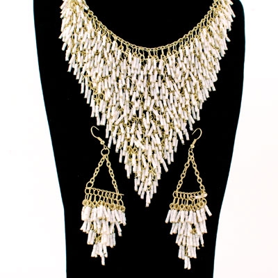 Wholesale cascading ivory bead necklace antique gold chain matching earrings