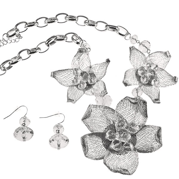 Wholesale silver mesh floral necklace large faceted crystal beads cabochons Juds