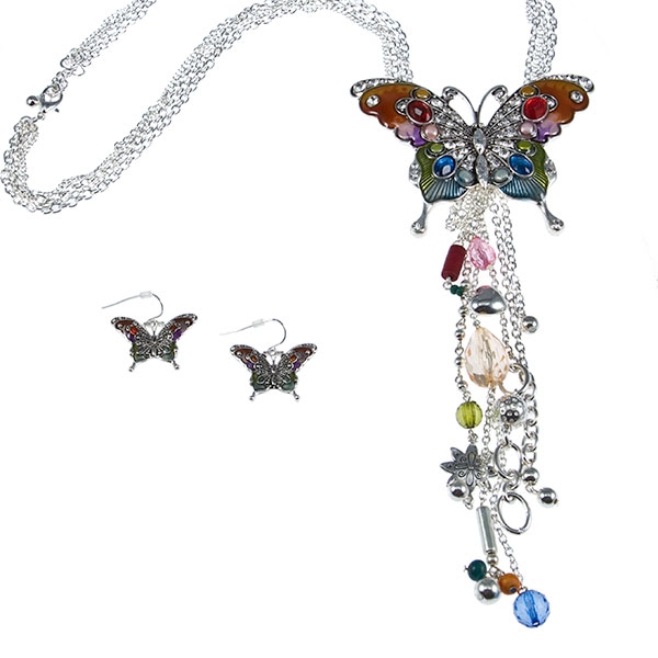 Wholesale silver chain necklace earring set inches multi color stained glass mul