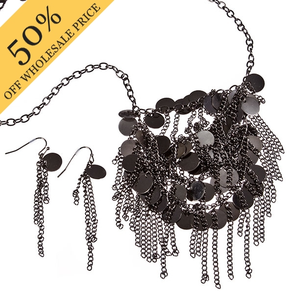 Wholesale waterfall necklace earring set deep silver tones layers cascading meda