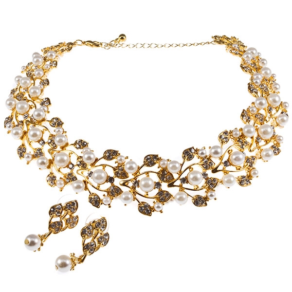 Wholesale pearl bead necklace earring set gold leaf pattern crystal rhinestones