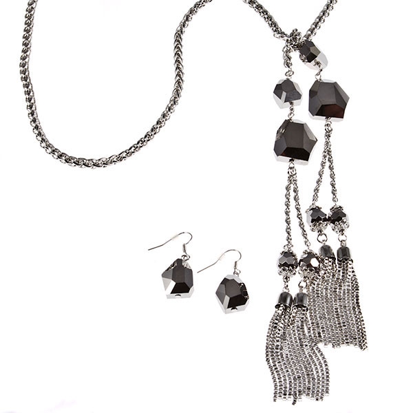 Wholesale long necklace earring set silver chain faceted silver beads Judson s