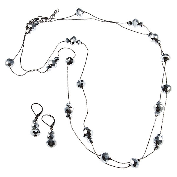 Wholesale inch necklace earring set gun metal chain faceted smokey silver beads